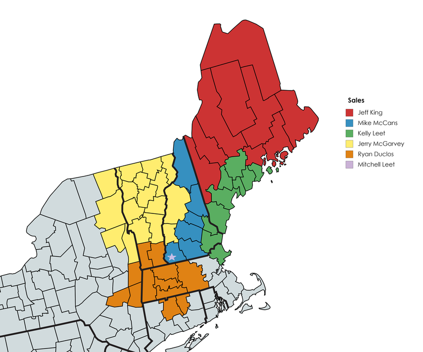 Map of the Northeastern USA showing the regions handled by each sales rep